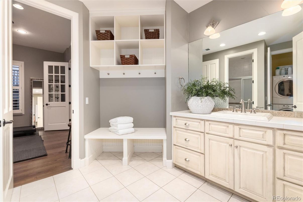 Bathroom, Dual Sink Vanities, Interior, Recessed Lighting, Tile Countertops, Wood Texture Flooring