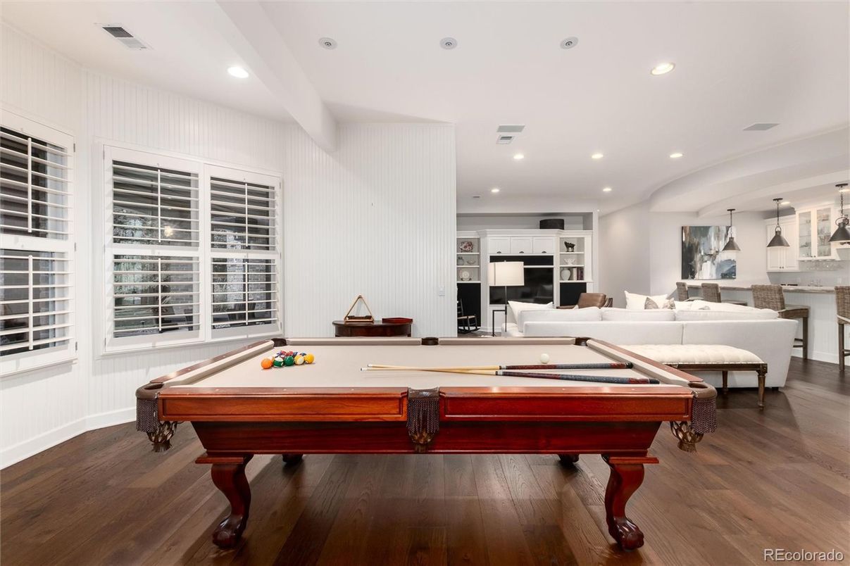 Billiard Table, Game Room, Interior, Kitchen, Living room, Pendant Lights, Recessed Lighting, Stainless Steel Appliances, Wood Texture Flooring