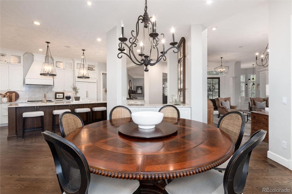 Chandelier, Dining room, Interior, Kitchen, Pendant Lights, Recessed Lighting, Wood Texture Flooring