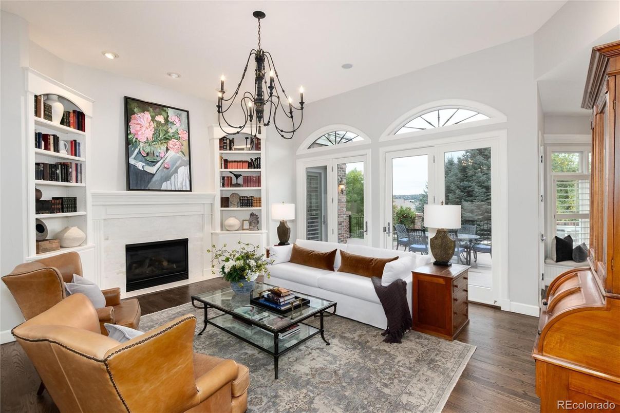 Chandelier, Fireplace, Interior, Living room, Recessed Lighting, Wood Texture Flooring