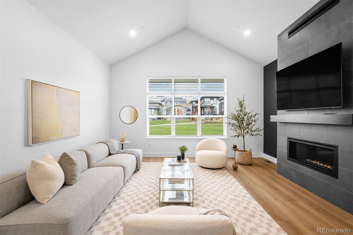 Fireplace, Interior, Living room, Recessed Lighting, Wood Texture Flooring