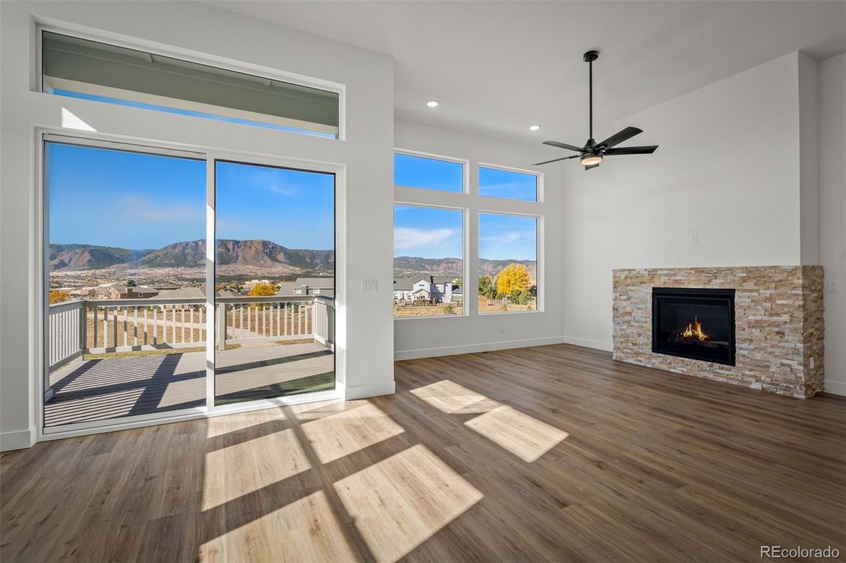 Empty room, Fireplace, Interior, Recessed Lighting, Wood Texture Flooring
