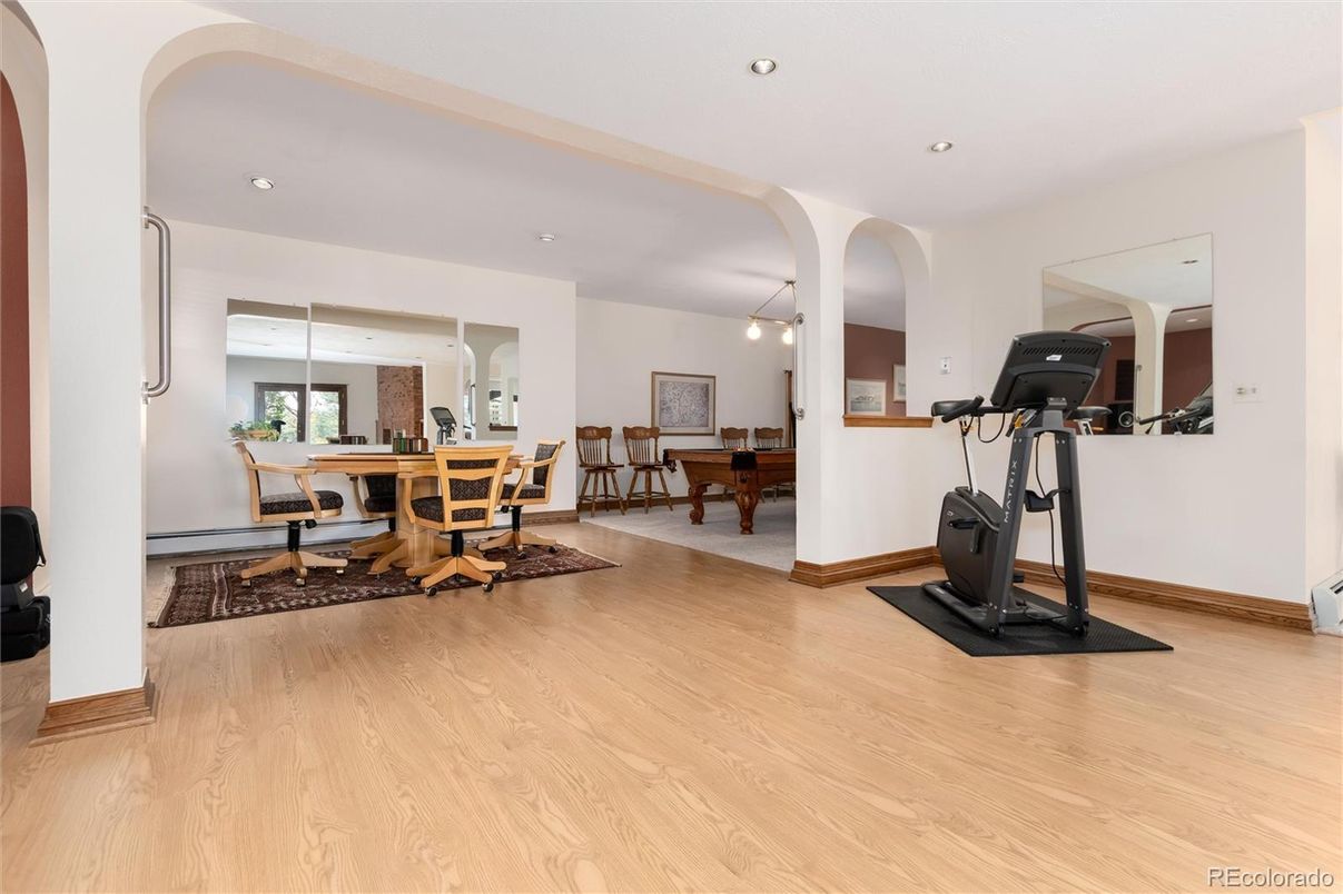 Dining room, Fitness Equipment, Interior, Recessed Lighting, Wood Texture Flooring