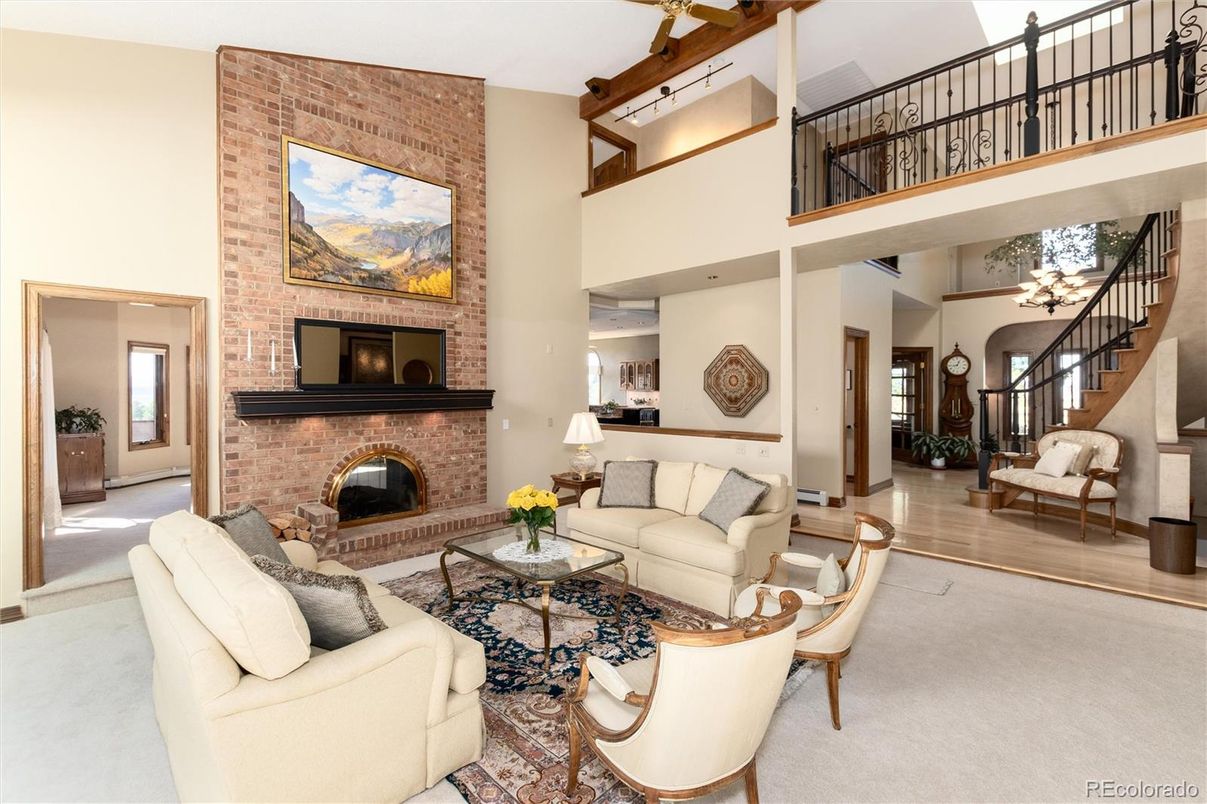 Fireplace, Interior, Living room, Recessed Lighting, Stone Walls, Wood Texture Flooring