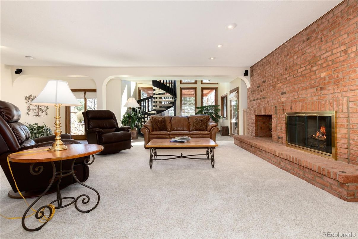 Fireplace, Interior, Living room, Recessed Lighting, Stone Walls