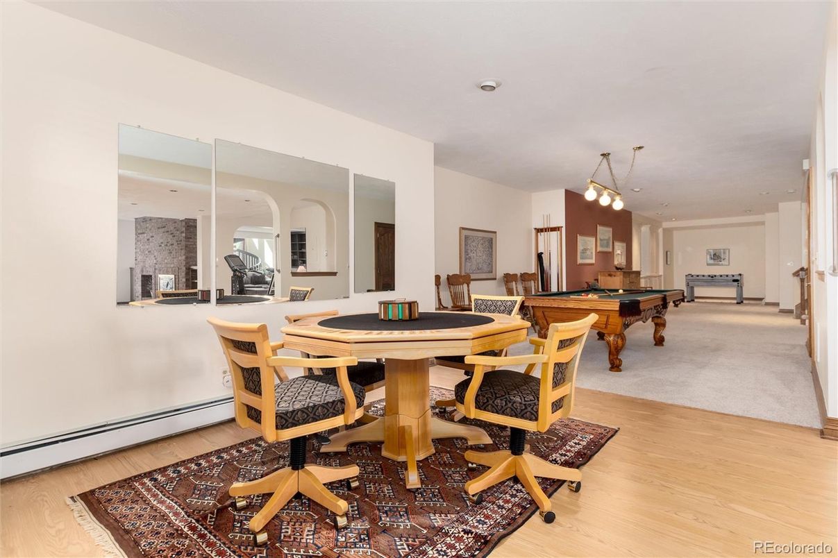 Billiard Table, Dining room, Game Room, Interior, Pendant Lights, Recessed Lighting, Wood Texture Flooring