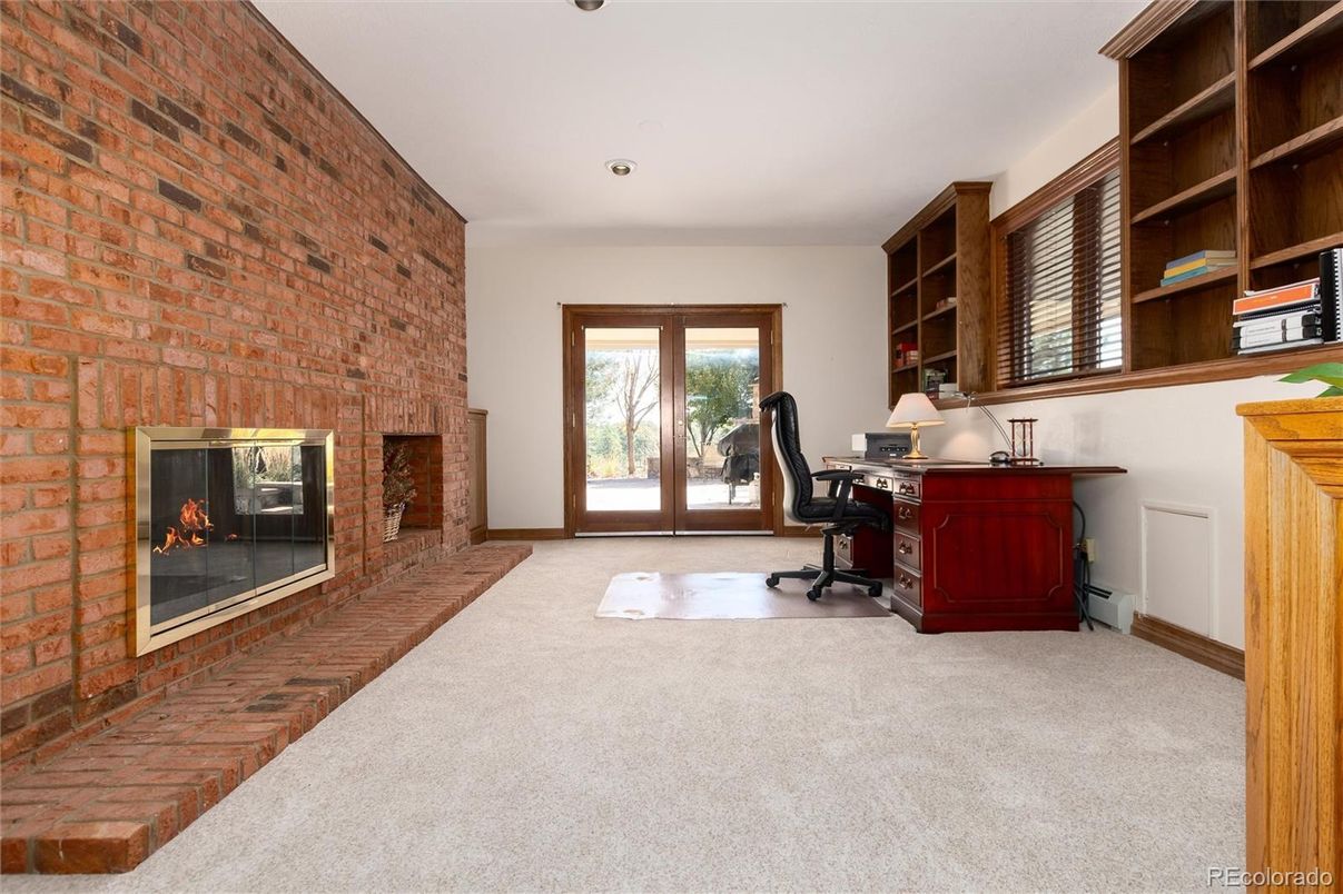 Fireplace, Home Office, Interior, Recessed Lighting, Stone Walls