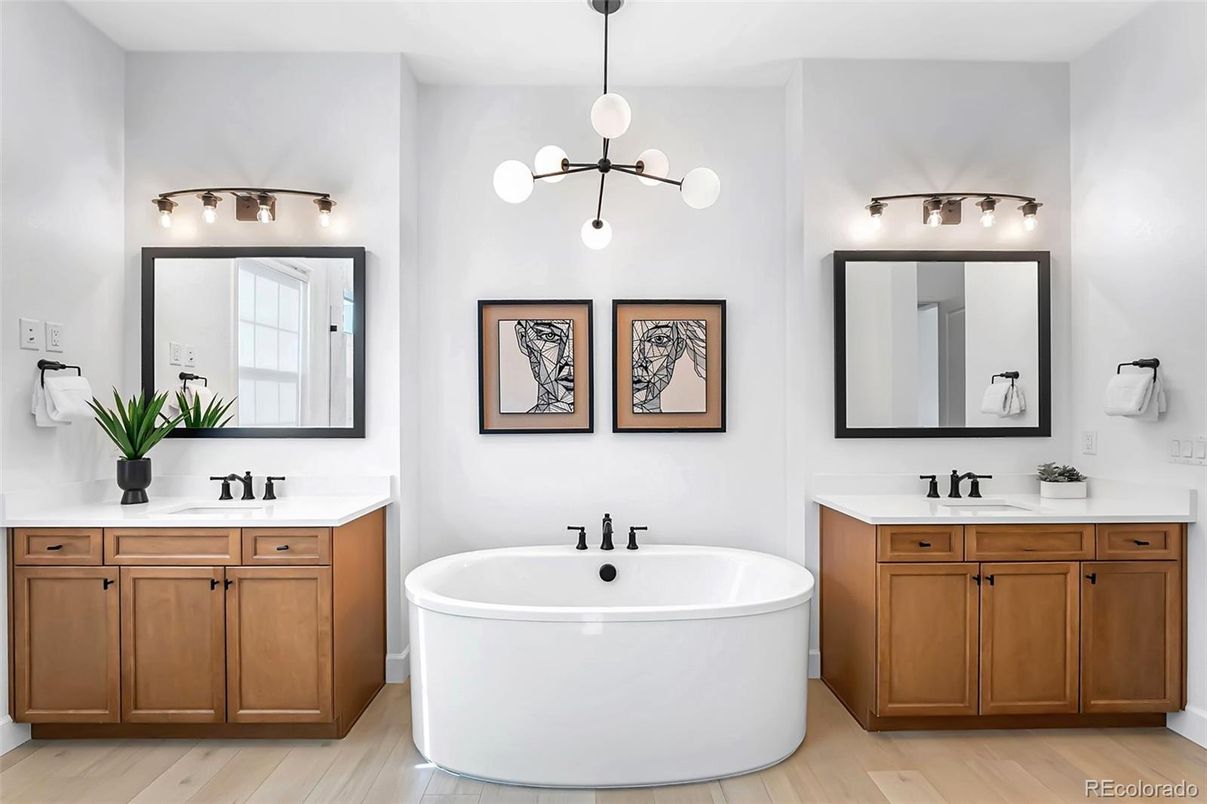 Bathroom, Dual Sink Vanities, Free Standing Baths, Interior, Pendant Lights, Wood Texture Flooring