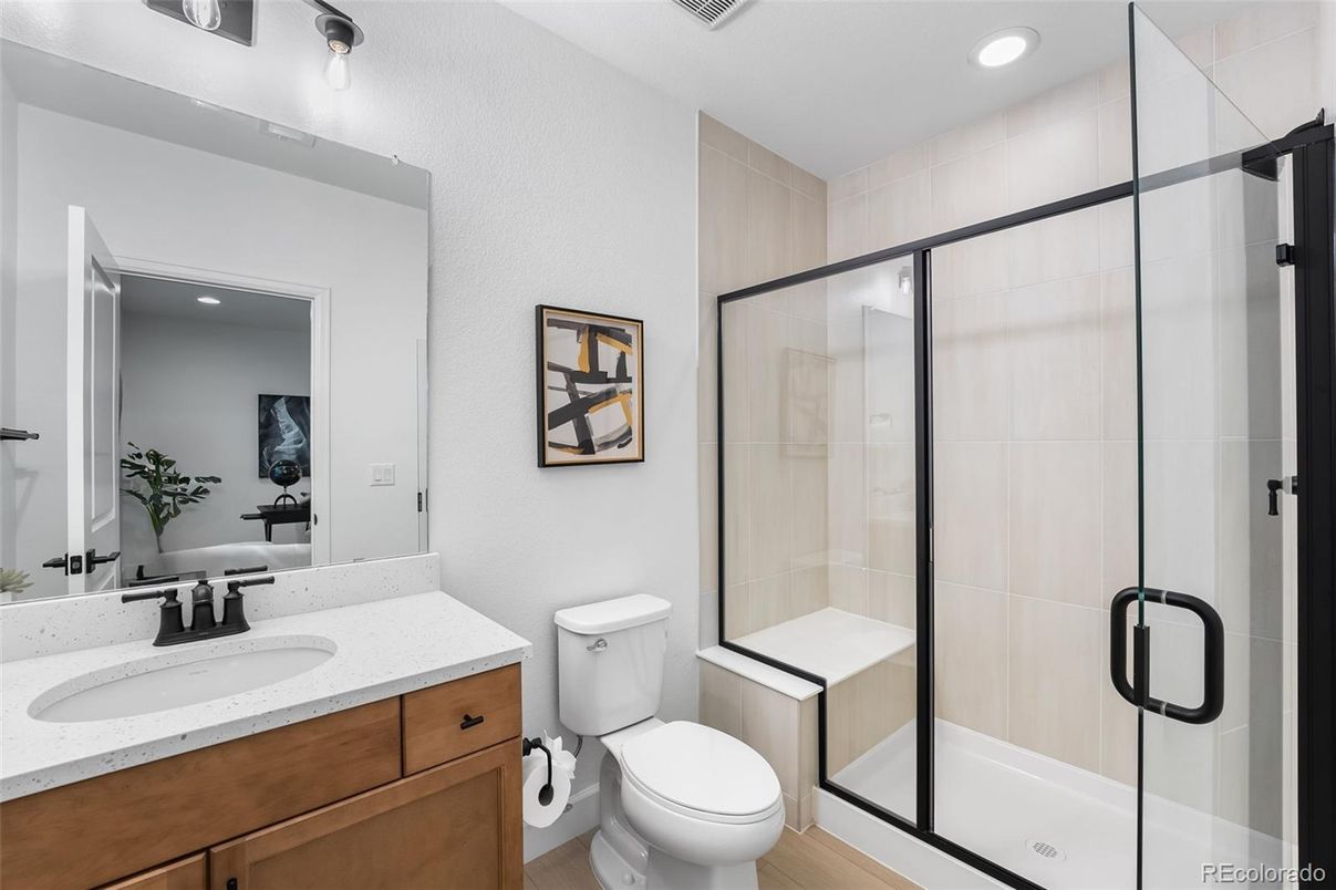 Bathroom, Glass Shower, Interior, Recessed Lighting, Wood Texture Flooring