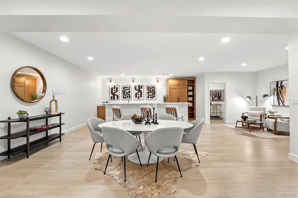 Dining room, Interior, Living room, Recessed Lighting, Wood Texture Flooring