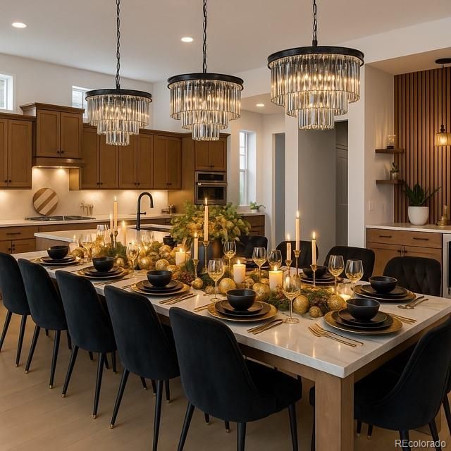 Chandelier, Dining room, Interior, Kitchen, Recessed Lighting, Wood Texture Flooring
