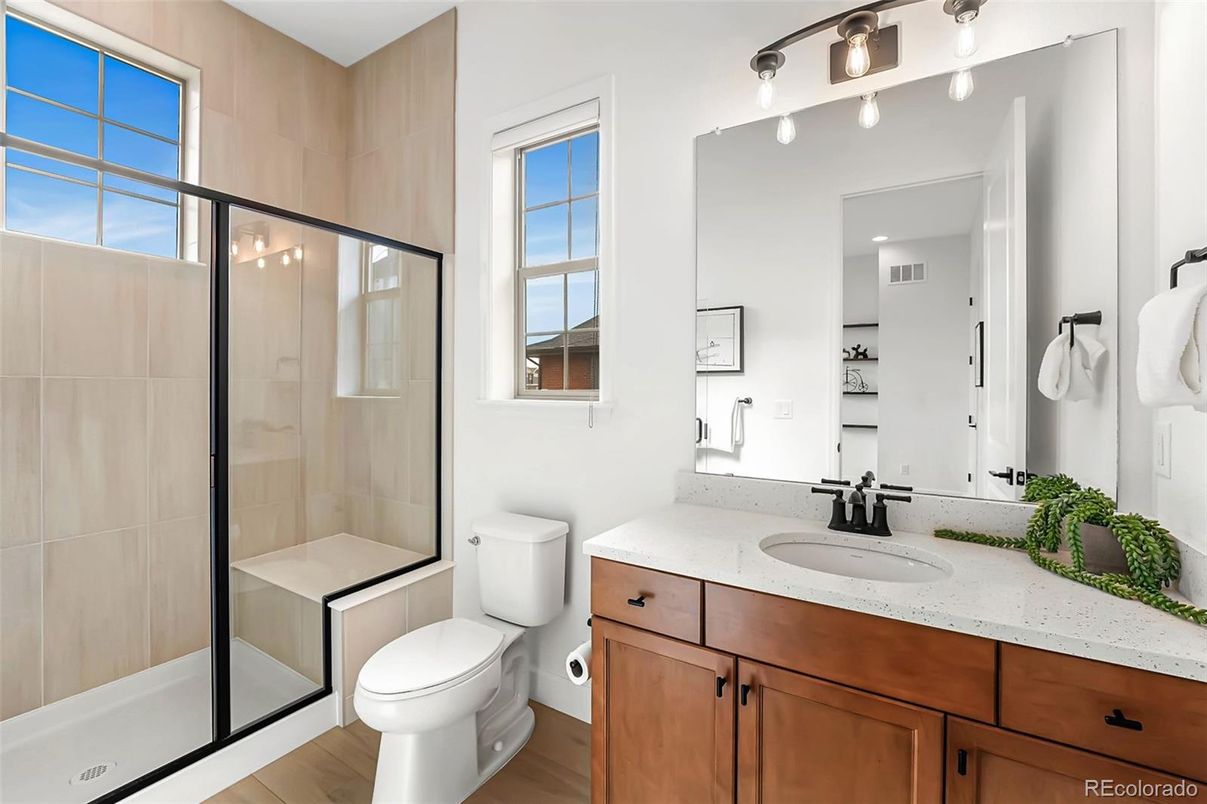 Bathroom, Glass Shower, Interior, Wood Texture Flooring