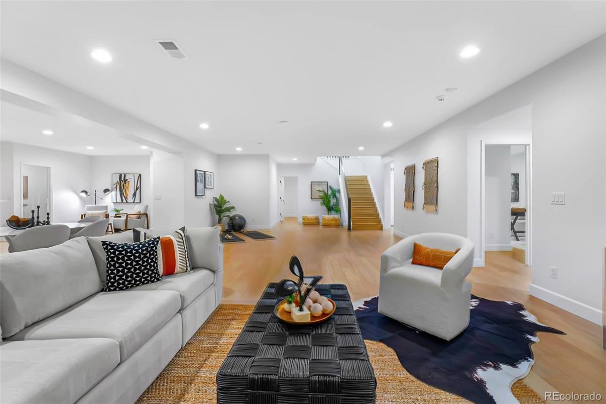 Dining room, Interior, Living room, Recessed Lighting, Wood Texture Flooring