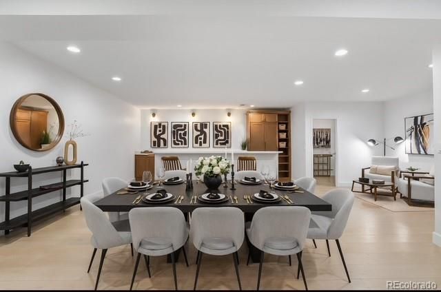 Dining room, Interior, Living room, Recessed Lighting, Wood Texture Flooring