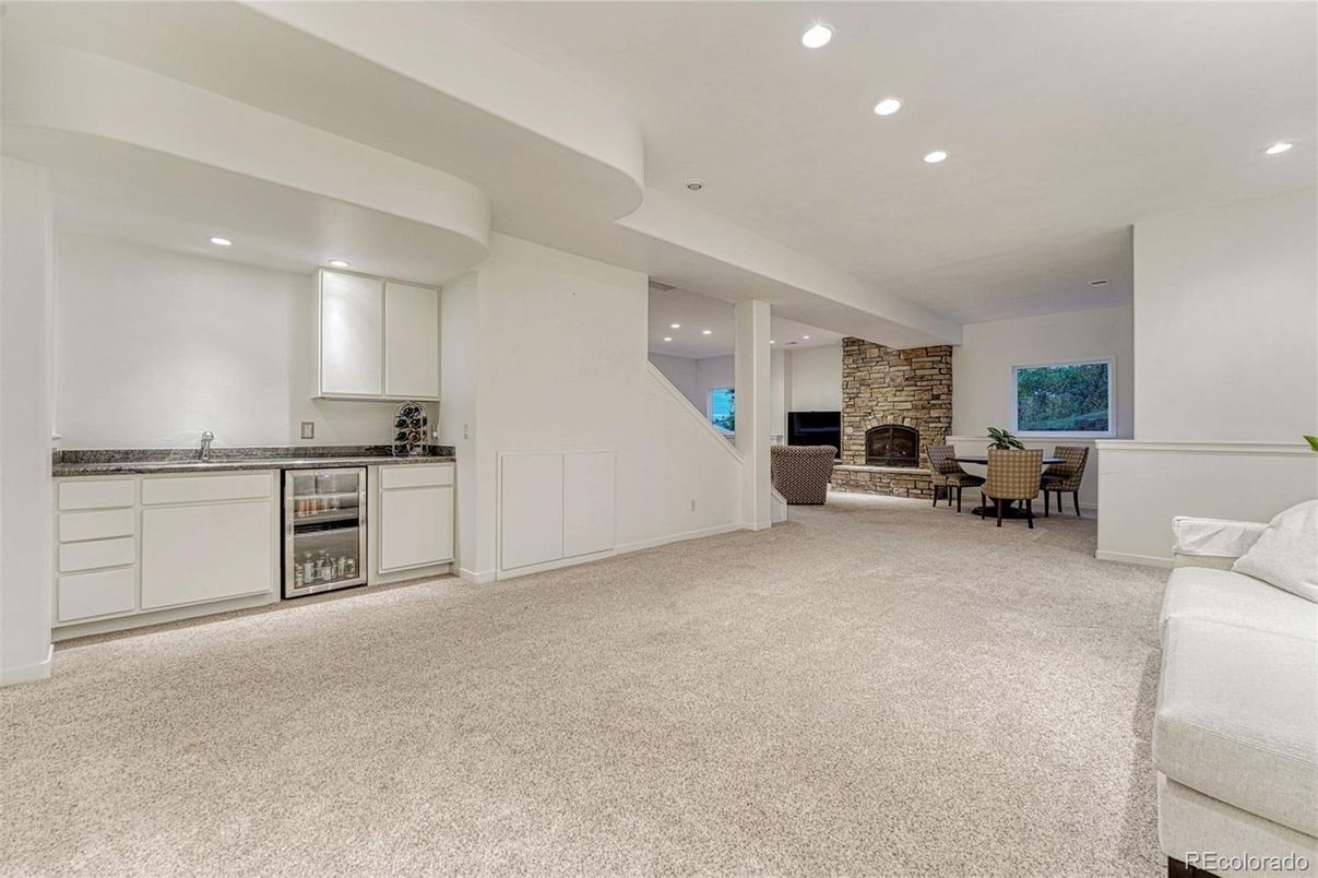 Dining room, Fireplace, Interior, Kitchen, Recessed Lighting, Stone Walls