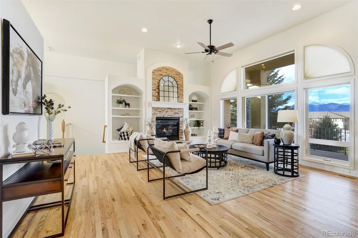 Fireplace, Interior, Living room, Recessed Lighting, Wood Texture Flooring