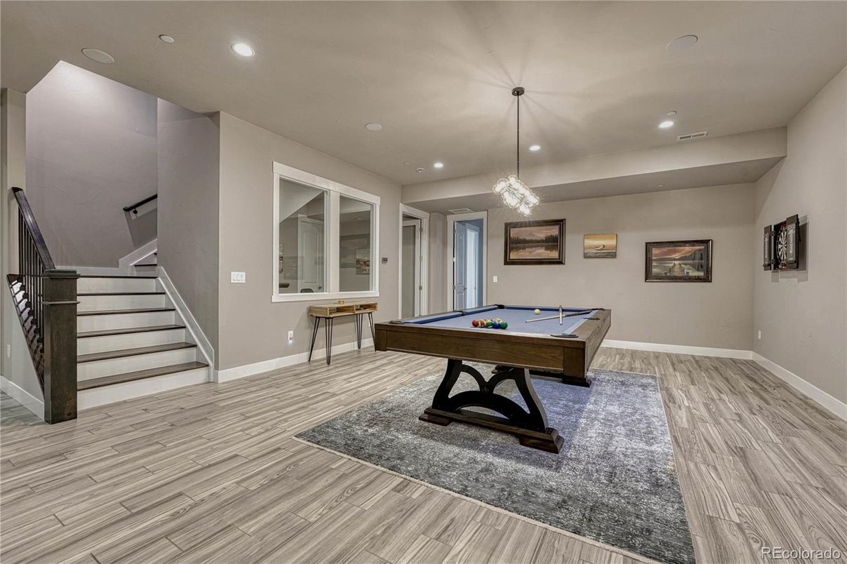 Billiard Table, Chandelier, Game Room, Interior, Pendant Lights, Recessed Lighting, Wood Texture Flooring