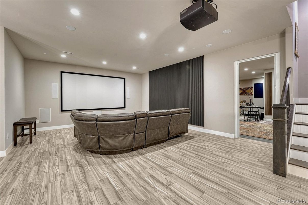 Interior, Projection Screen, Recessed Lighting, Theatre Room, Wood Texture Flooring