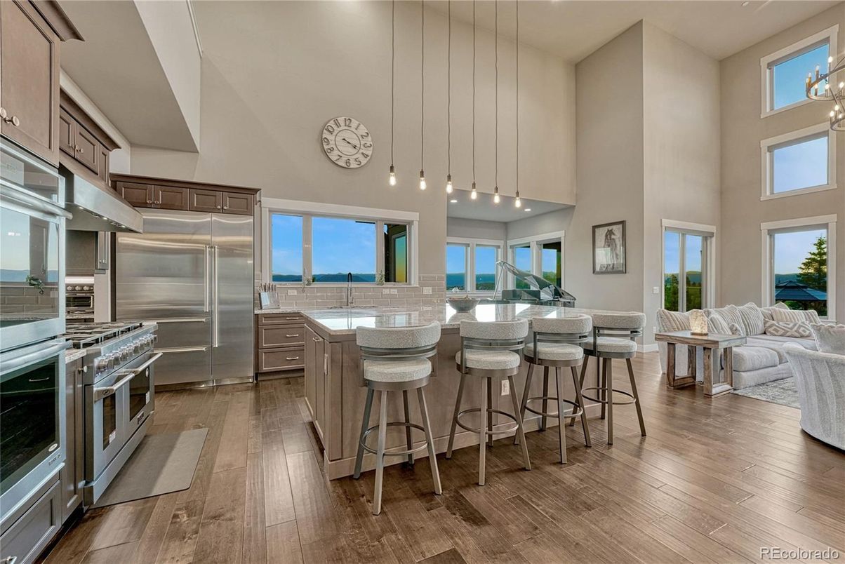 Interior, Kitchen, Living room, Pendant Lights, Stainless Steel Appliances, Water, Wood Texture Flooring