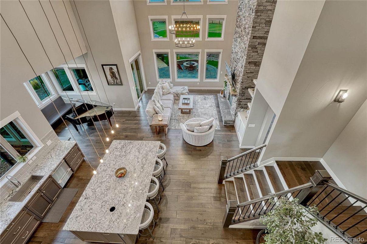 Fireplace, Interior, Living room, Pendant Lights, Stone Walls, Wood Texture Flooring