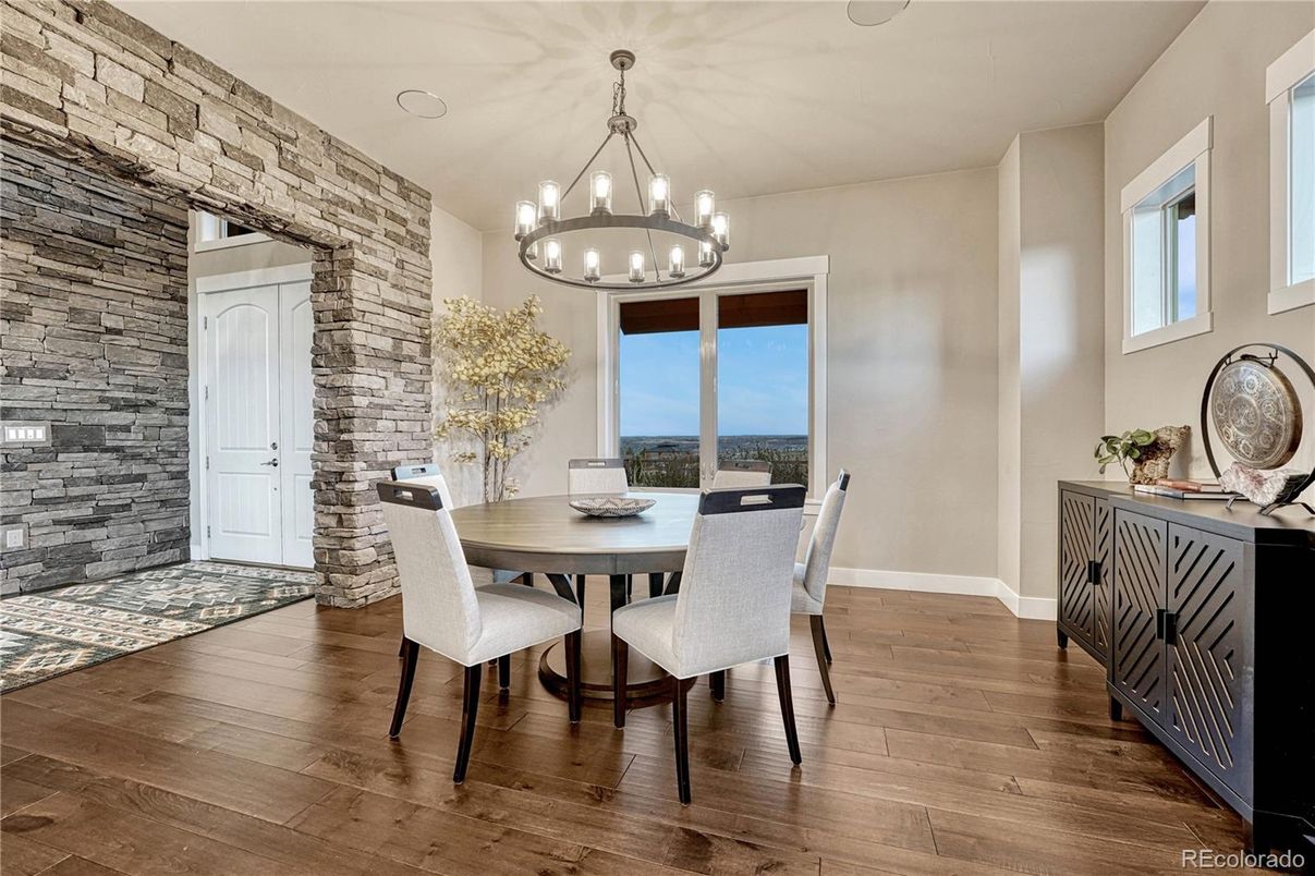 Dining room, Interior, Pendant Lights, Stone Walls, Wood Texture Flooring