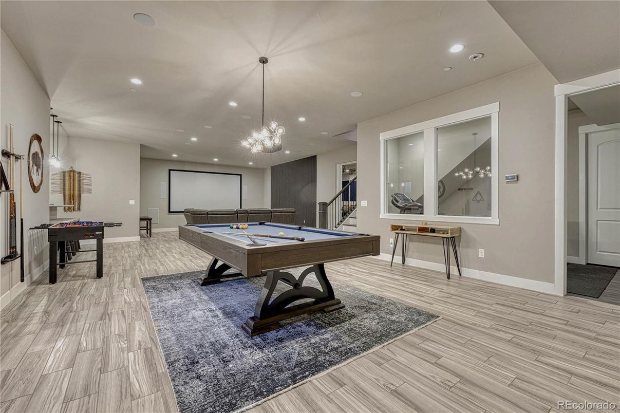 Billiard Table, Game Room, Interior, Pendant Lights, Recessed Lighting, Wood Texture Flooring