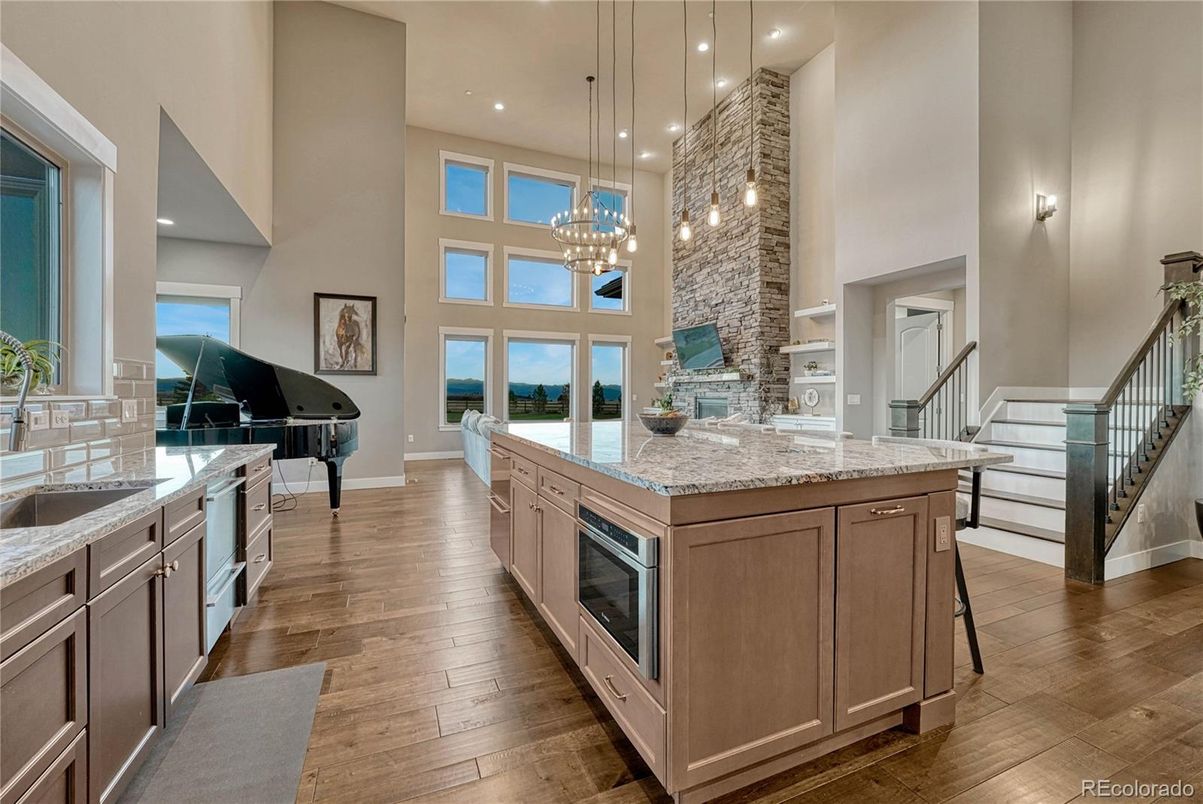 Interior, Kitchen, Pendant Lights, Piano, Recessed Lighting, Wood Texture Flooring