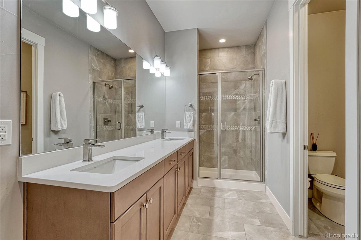 Bathroom, Dual Sink Vanities, Glass Shower, Interior, Recessed Lighting