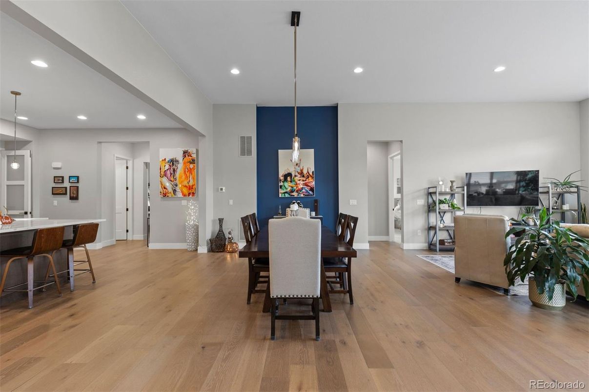 Dining room, Interior, Pendant Lights, Recessed Lighting, Wood Texture Flooring