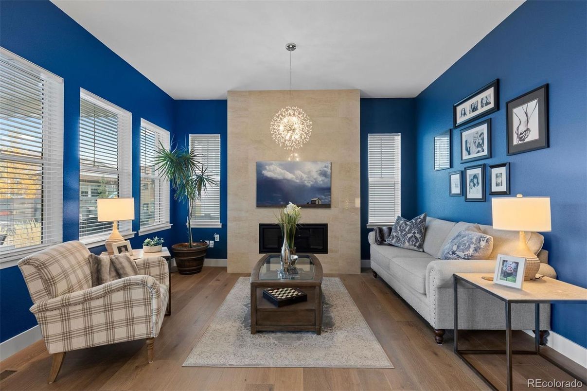 Fireplace, Interior, Living room, Pendant Lights, Wood Texture Flooring