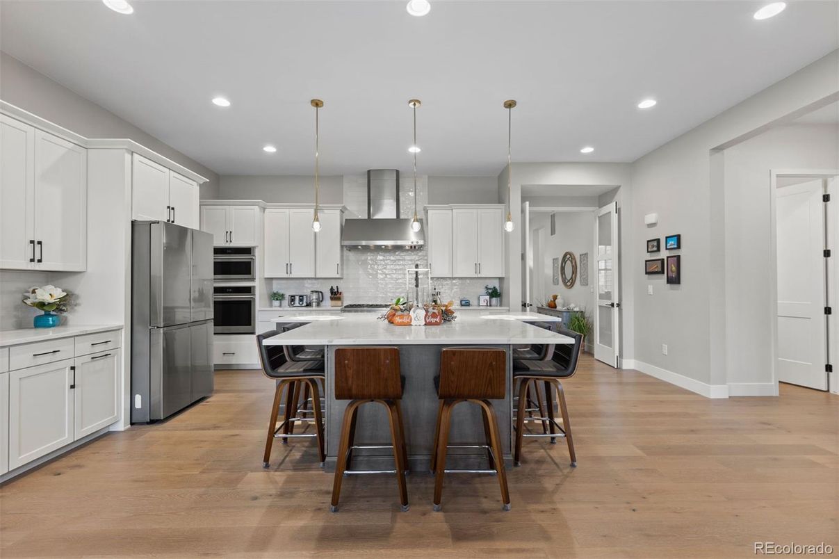 Interior, Kitchen, Pendant Lights, Recessed Lighting, Stainless Steel Appliances, Wood Texture Flooring