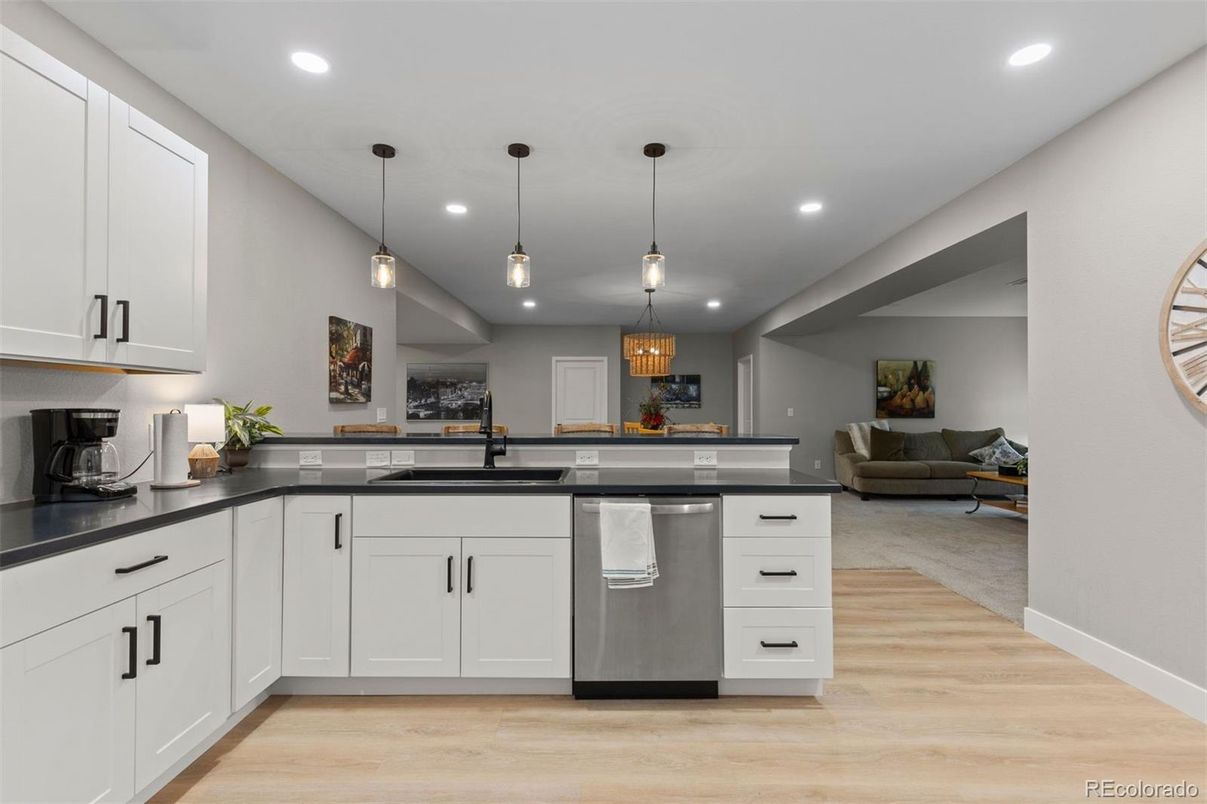 Interior, Kitchen, Pendant Lights, Recessed Lighting, Wood Texture Flooring