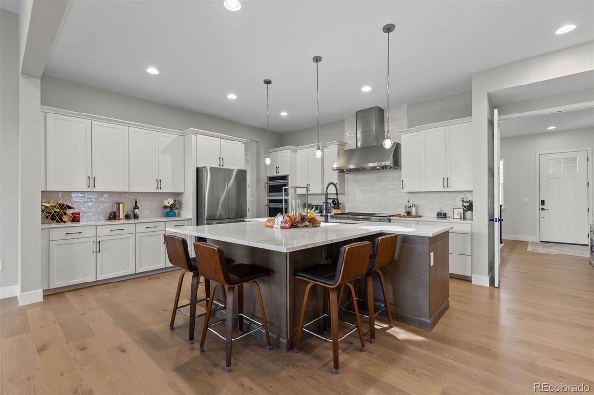 Interior, Kitchen, Pendant Lights, Recessed Lighting, Stainless Steel Appliances, Wood Texture Flooring