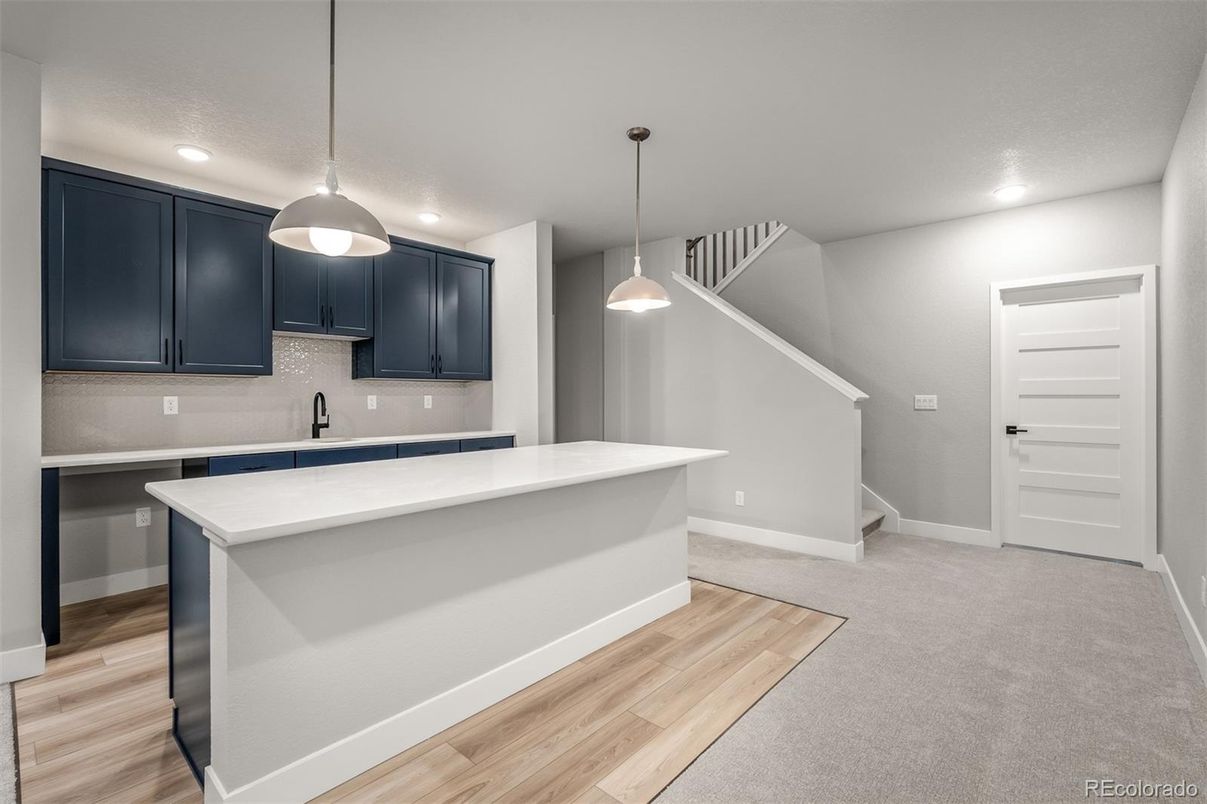 Interior, Kitchen, Pendant Lights, Recessed Lighting, Wood Texture Flooring