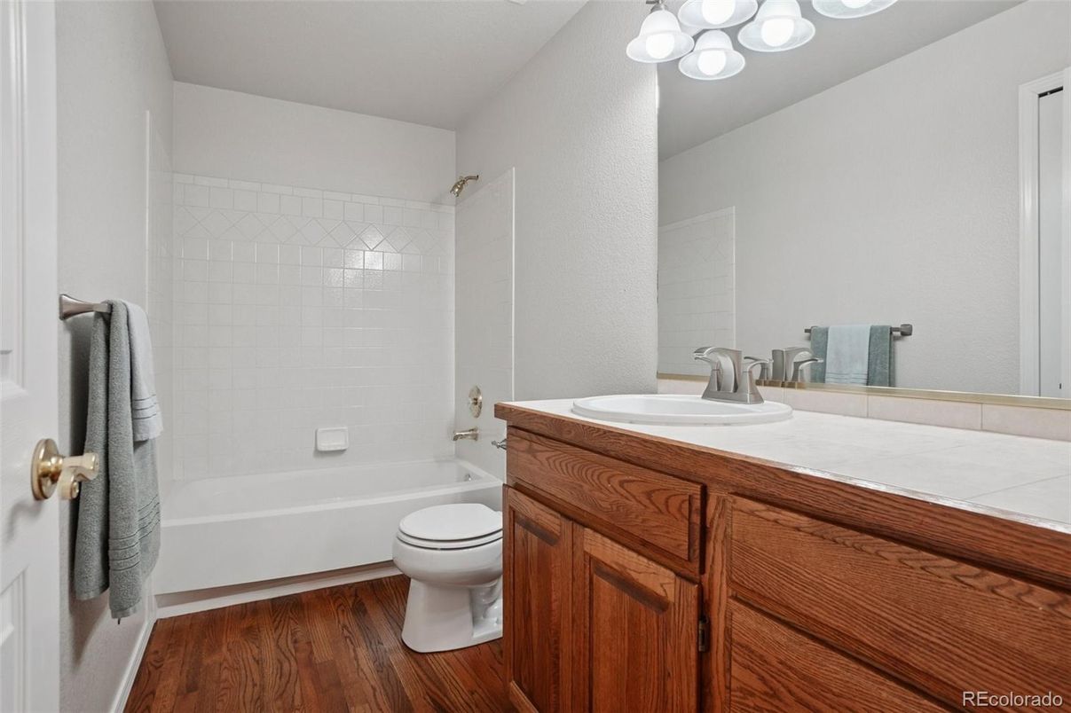 Bathroom, Interior, Tile Countertops, Wood Texture Flooring