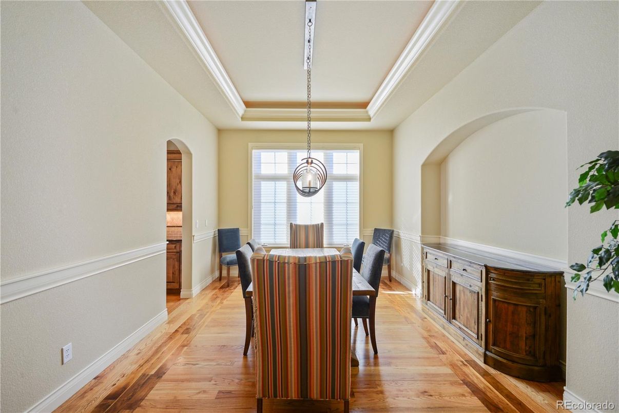 Dining room, Interior, Pendant Lights, Wood Texture Flooring