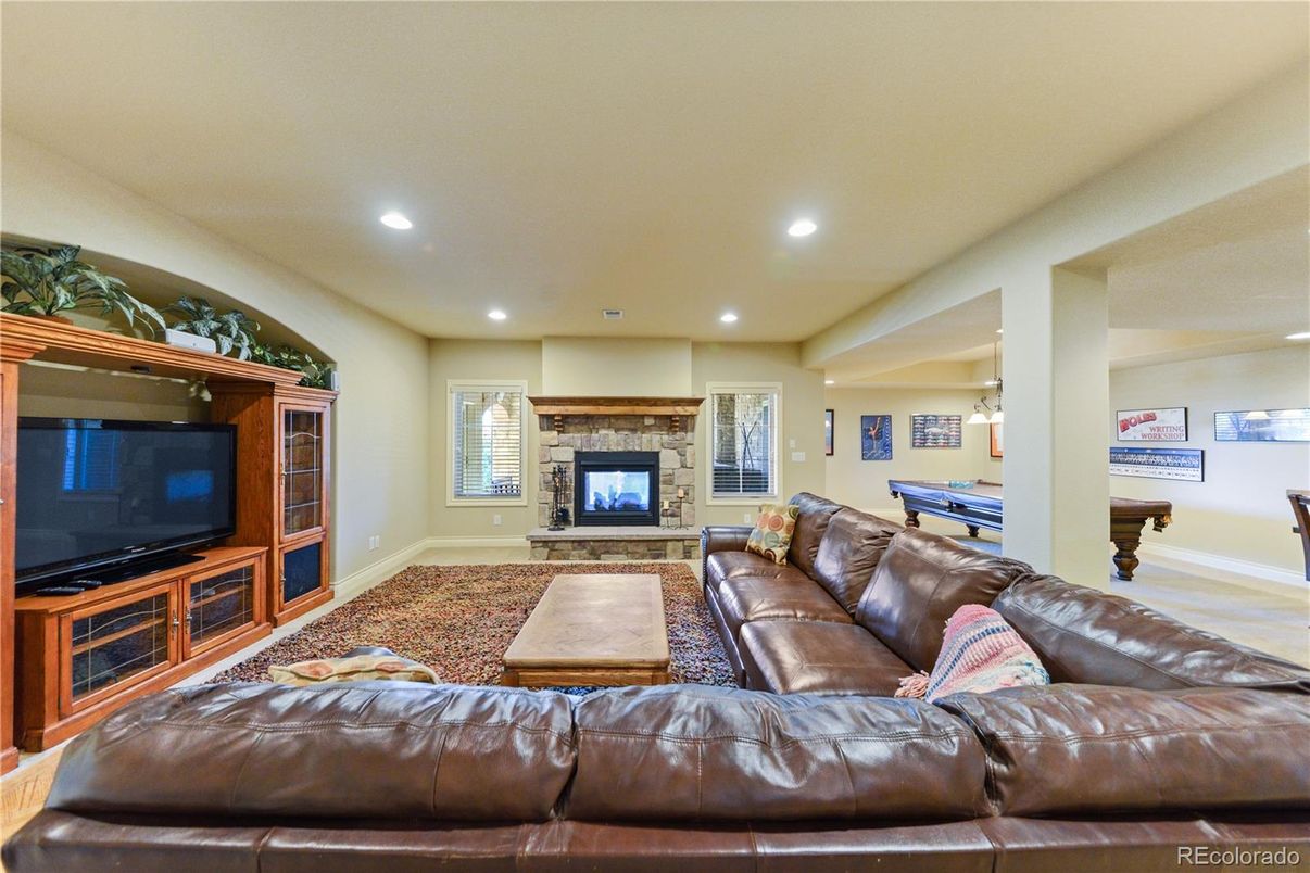 Billiard Table, Fireplace, Game Room, Interior, Living room, Recessed Lighting