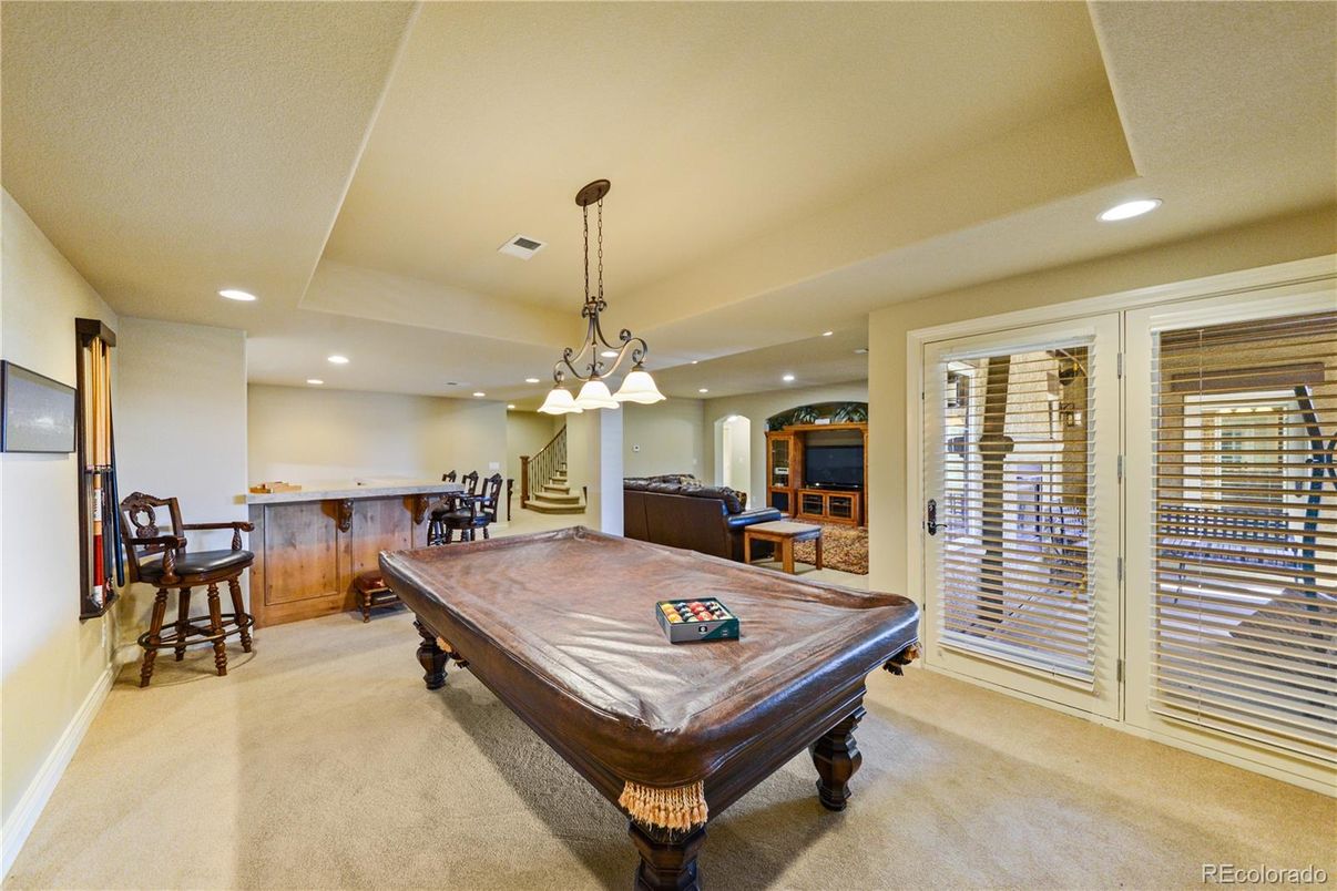 Billiard Table, Chandelier, Game Room, Interior, Pendant Lights, Recessed Lighting