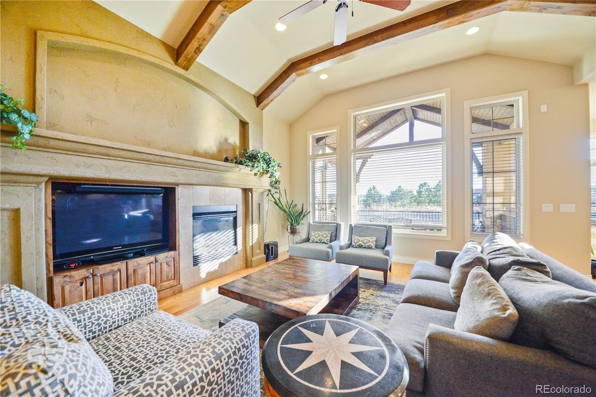 Fireplace, Interior, Living room, Recessed Lighting, Wooden Beams, Wood Texture Flooring