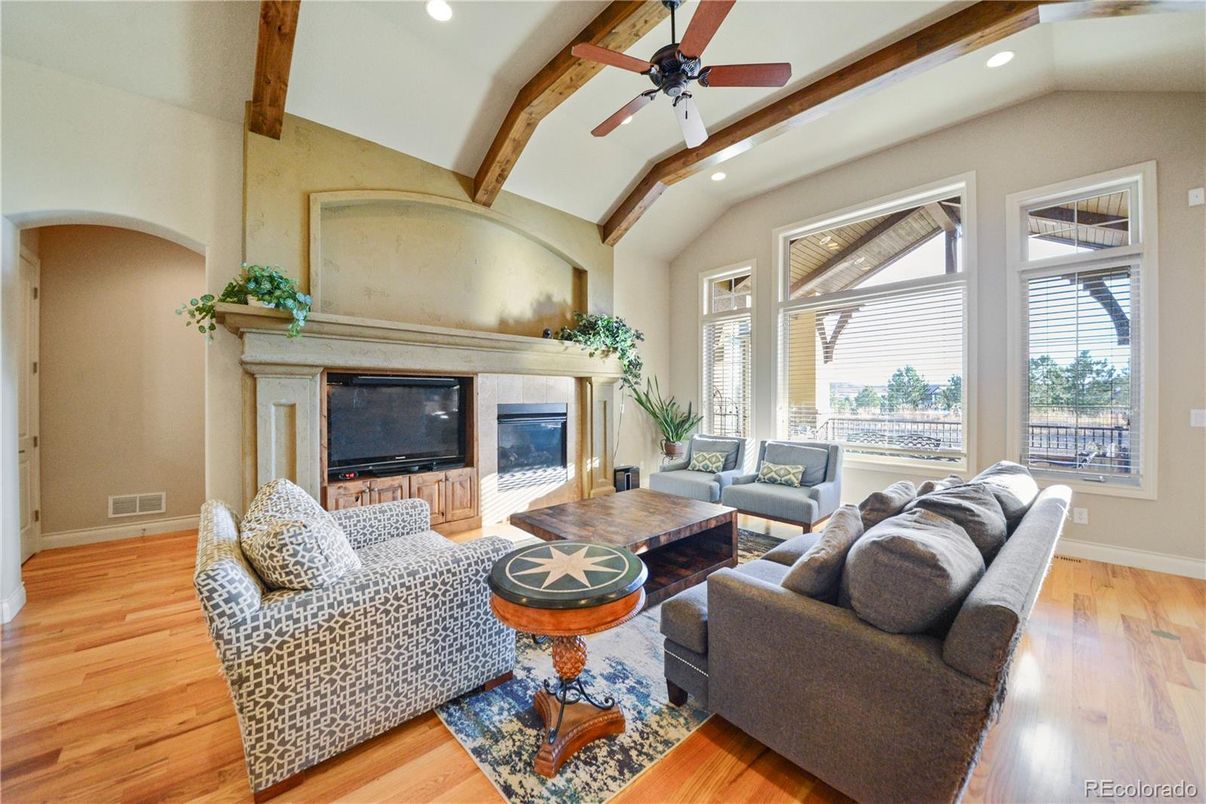 Fireplace, Interior, Living room, Recessed Lighting, Wooden Beams, Wood Texture Flooring