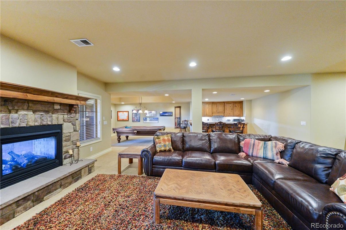 Billiard Table, Fireplace, Interior, Kitchen, Living room, Pendant Lights, Recessed Lighting, Stone Walls