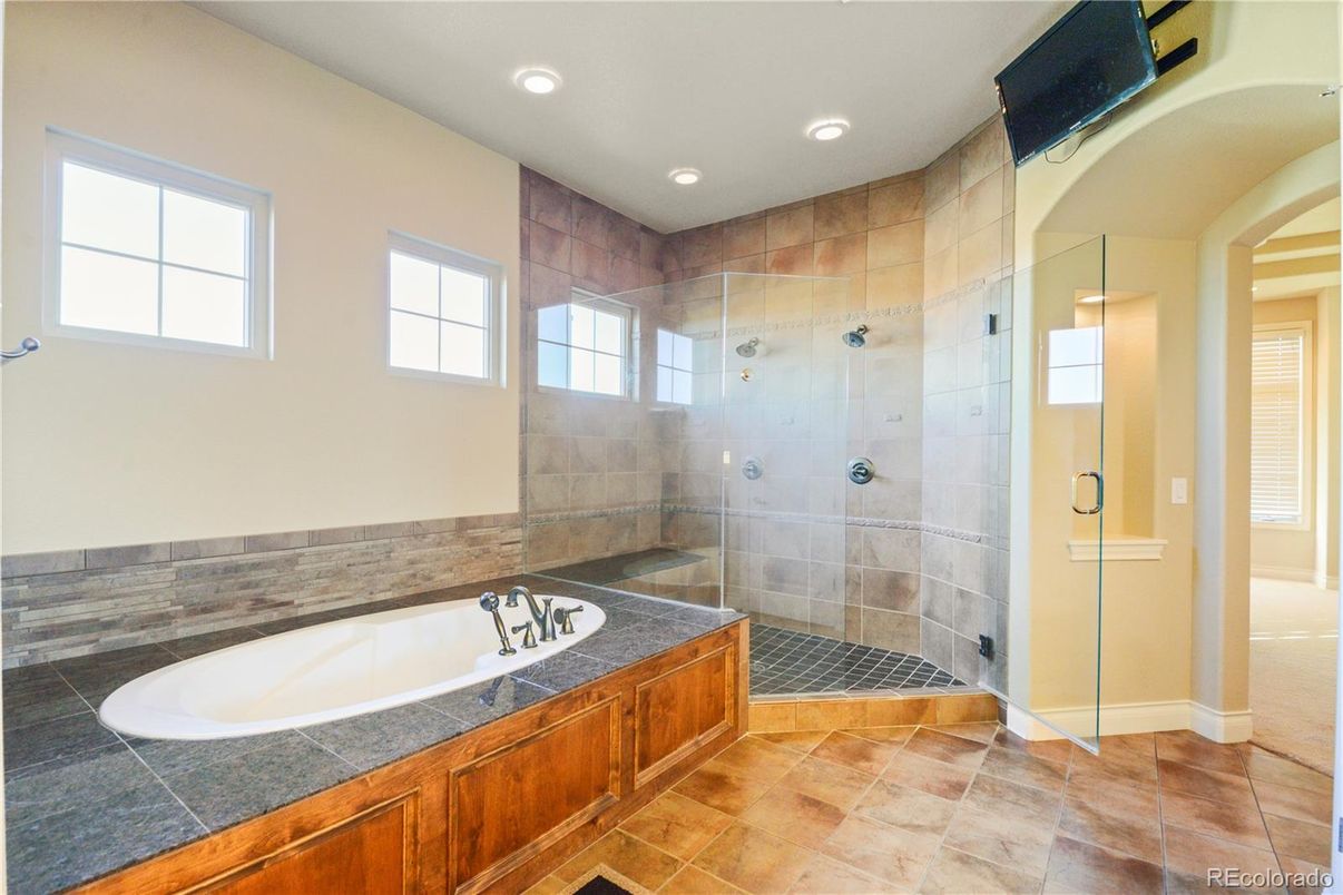 Bathroom, Glass Shower, Interior, Recessed Lighting, Tile Countertops