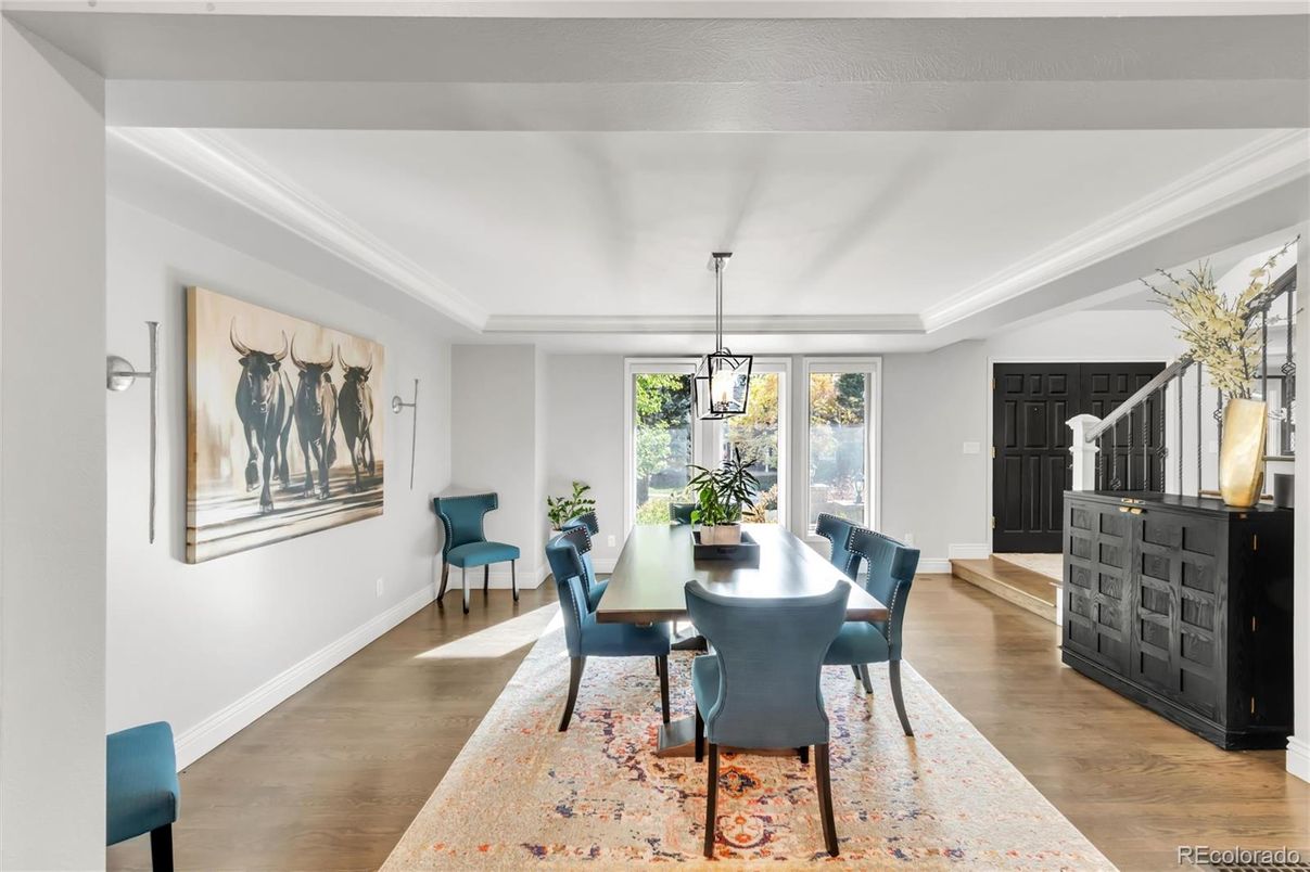 Dining room, Interior, Pendant Lights, Wood Texture Flooring