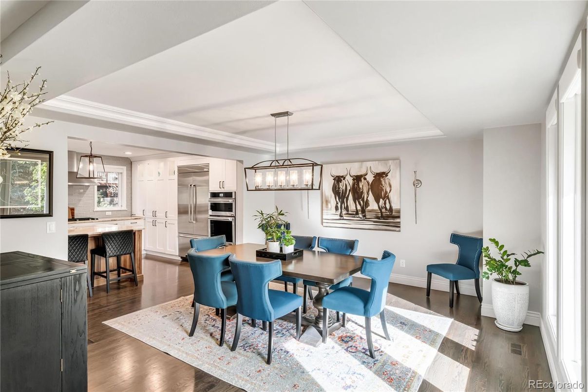 Dining room, Interior, Kitchen, Pendant Lights, Recessed Lighting, Stainless Steel Appliances, Wood Texture Flooring
