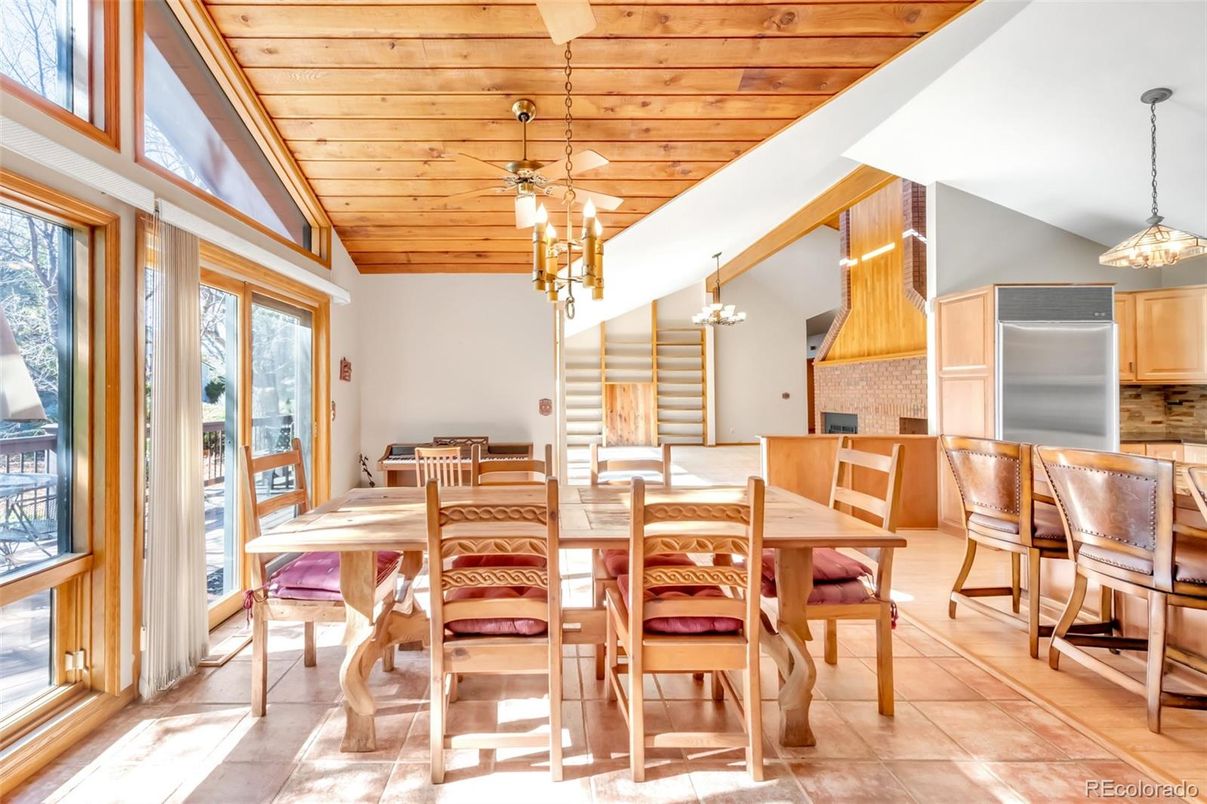 Dining room, Interior, Pendant Lights, Wooden Ceilings