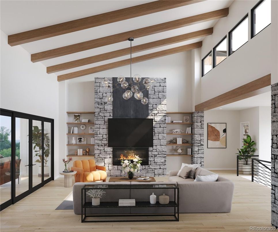 Fireplace, Interior, Living room, Pendant Lights, Stone Walls, Wooden Beams, Wood Texture Flooring