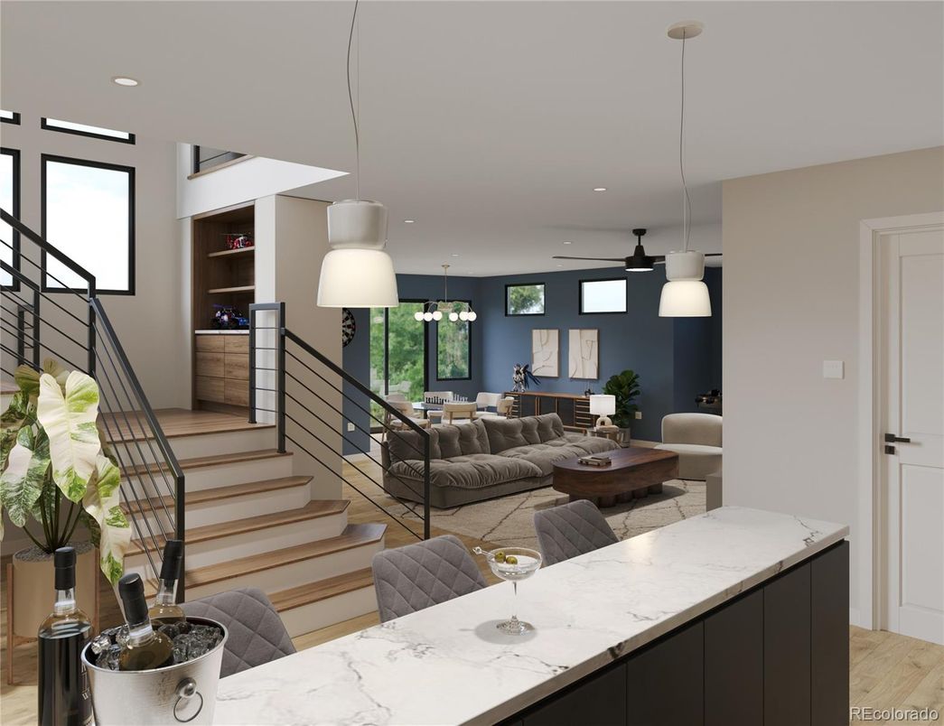 Dining room, Interior, Living room, Pendant Lights, Recessed Lighting, Wood Texture Flooring