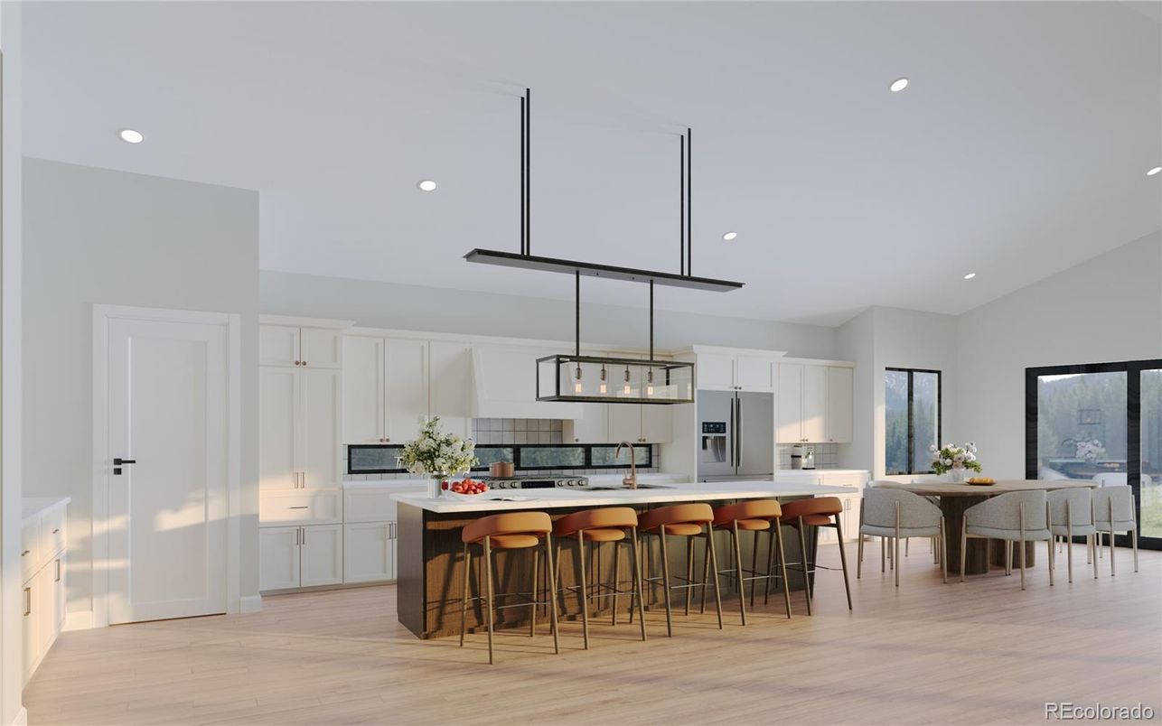 Dining room, Interior, Kitchen, Pendant Lights, Recessed Lighting, Stainless Steel Appliances, Wood Texture Flooring