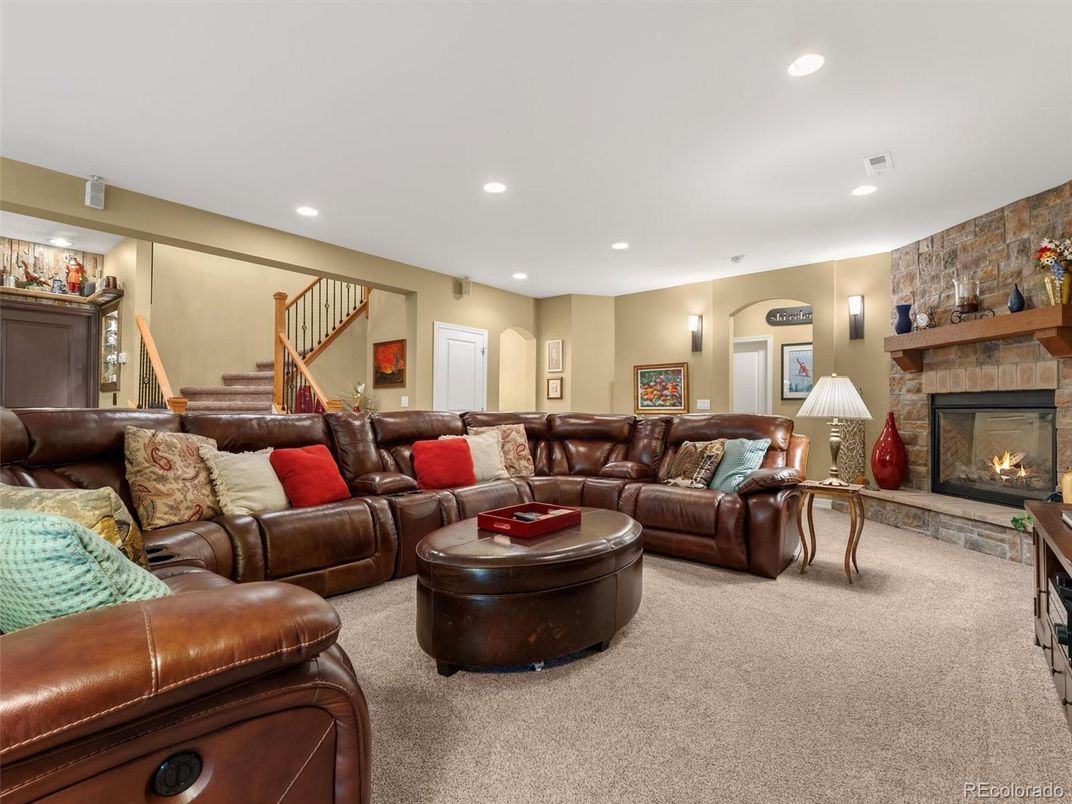 Fireplace, Interior, Living room, Recessed Lighting, Stone Walls