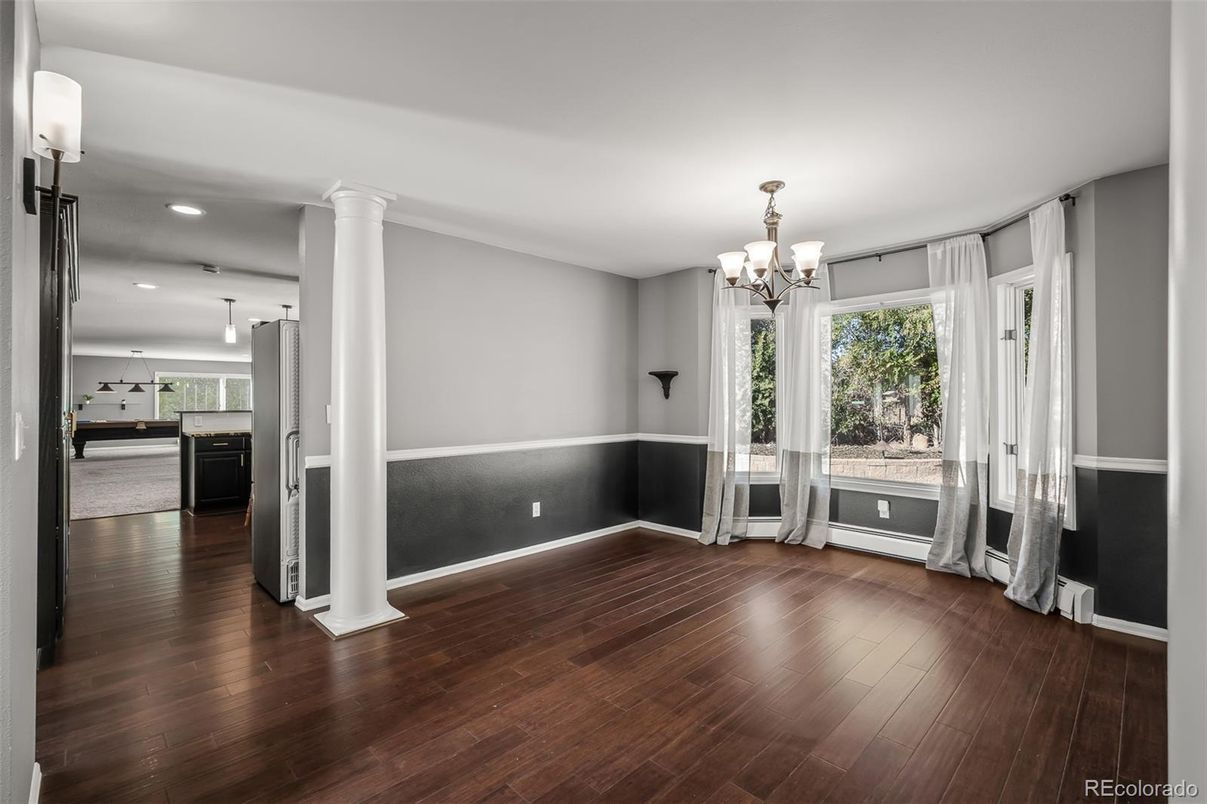Chandelier, Empty room, Interior, Kitchen, Recessed Lighting, Wood Texture Flooring